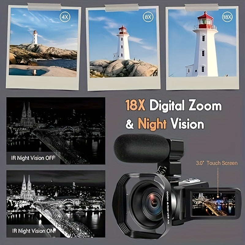 [5K Video Camera, WiFi Camcorder] 64MP 18X Zoom WiFi Digital Camera - 5K Video Camcorder with IR Night Vision, 3.0'' Touch Screen, YouTube Recorder, 32GB SD Card, Microphone, 2.4G Remote Control