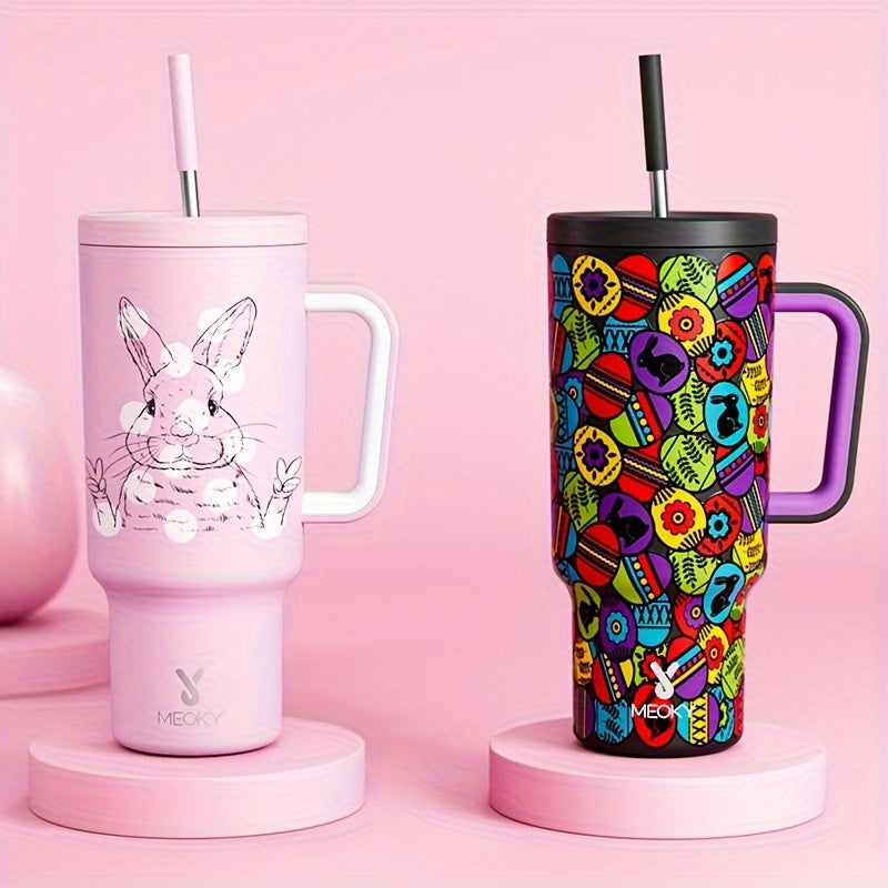 Meoky 40oz Insulated Stainless Steel Water Bottle - Vibrant Butterfly Design, Keeps Drinks Hot/Cold for Hours, with Lid, Straw & Handle - Ideal for Outdoor Activities, Camping, Hiking, Car Travel - Perfect Easter Gift