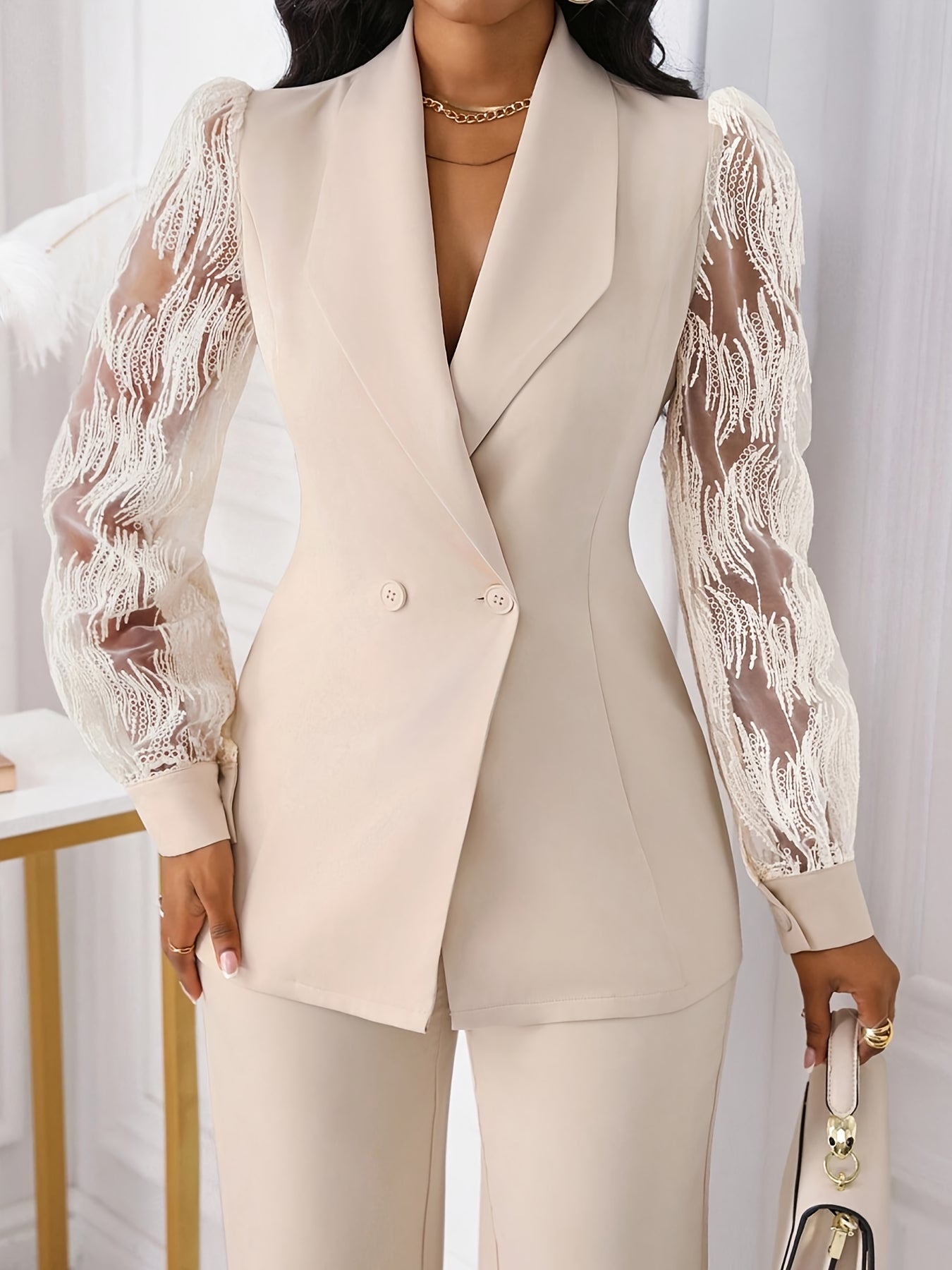 [Stylish Apricot Suit Set] Stylish Autumn New Apricot Lace Sleeve Suit Set | Women's Commuter Two-Piece Set