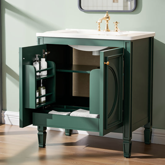 30-inch Freestanding Bathroom Vanity With Ceramic Sink - Mother'S Day Special! Boho Ins Style, High-Temp Forged One-Piece Design, Multi-Layer Storage & Rounded Corners, Bathroom/Balcony Vanity - White/Forest Green (Faucet Not