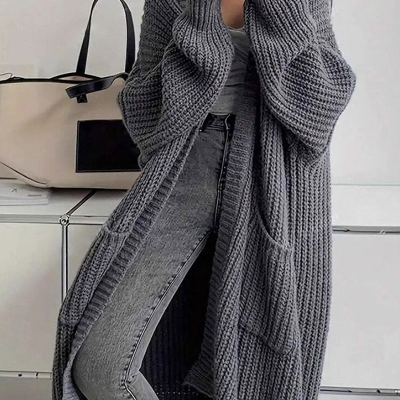 2025 Women'S Casual Long Sleeve Open Front Sweaters with Pockets in Plain Rib for Autumn, Long Cardigan For Women, Women'S Cardigan, Winter Clothe For Women, Fall Clothe For Women, Top For Women