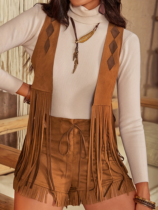 Women's Retro Western Style Imitation Suede Tassel Vest and Shorts Two-Piece Set