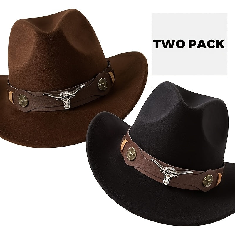 [2-Pack Western Cowboy Hats] 2-Pack Stylish Western Cowboy Hats, Beige & Brown, Unisex Polyester Felt Hats | Wide Brim Hat, Faux Leather & Bull Head Belt, Perfect for Western Themed Events, Costume Parties, and Outdoor Advent
