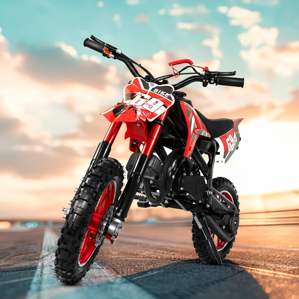 1pc Red 49cc 2-Stroke Dirt Bike for Adults, Metal Off-Road Motorcycle with Soft Seat, Shock Absorber, Front & Rear Disc Brakes, Fuel-Powered, Max Speed 20MPH, Toolkit Included