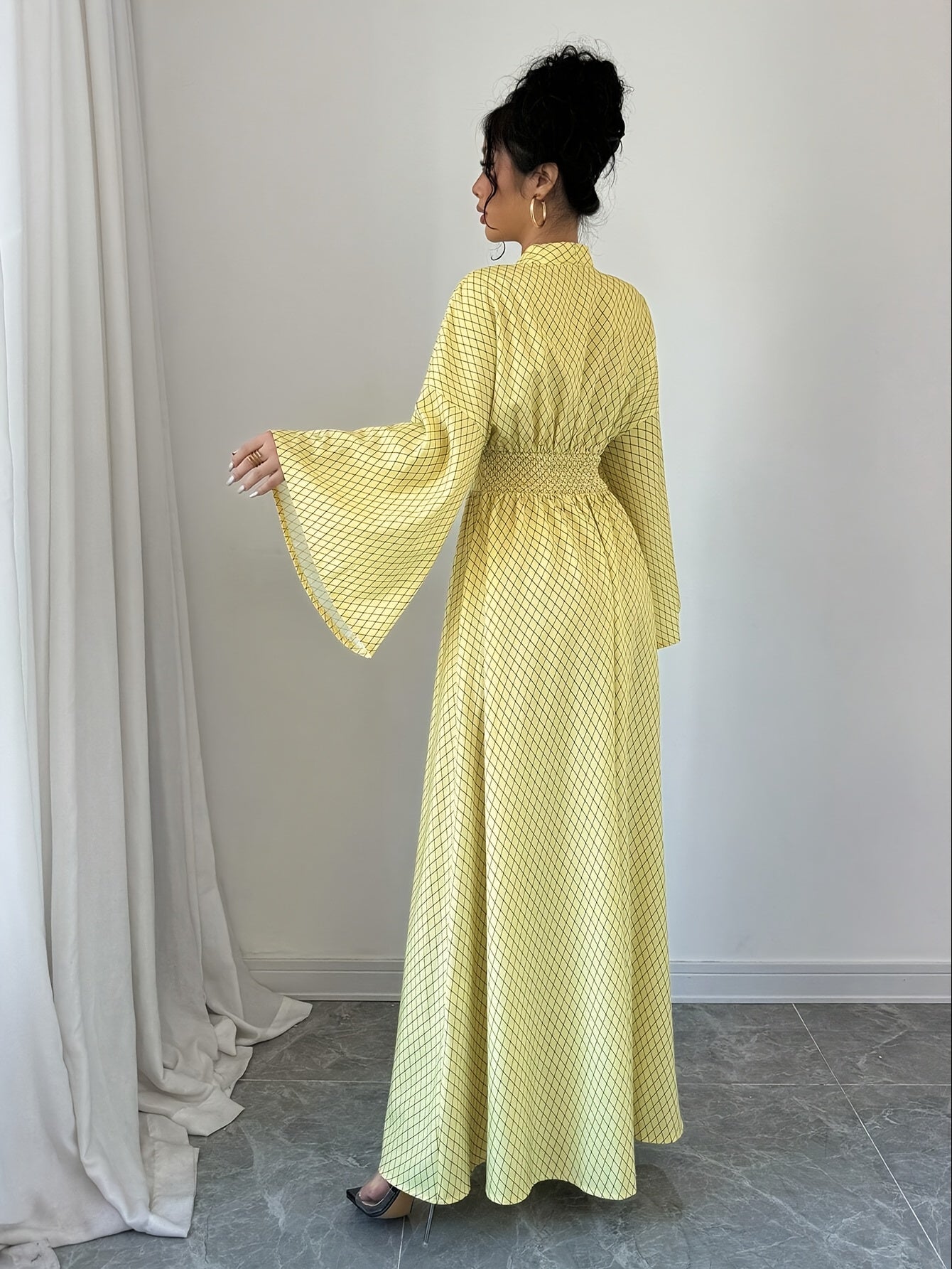 Long Sleeve Dress Women'S Batwing Sleeves V Neck Pleated Waist Flowing Dress Geometric Style Autumn Cocktail Party Evening Dress