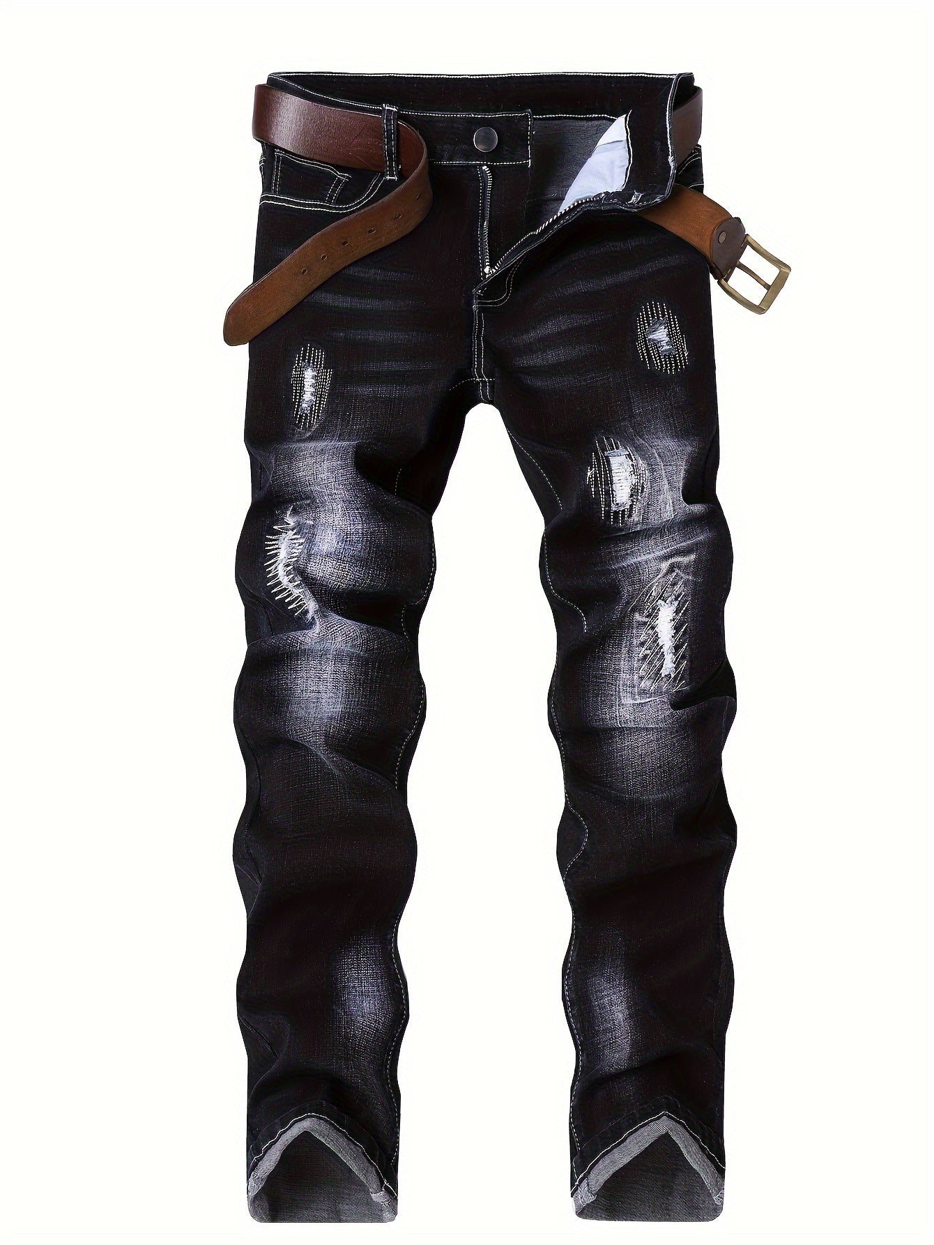 Men'S Slim Fit Stretch Jeans - Black, Slimming Denim Pants with Raw Hem & Button Detail, Versatile for All Seasons, Everyday Basics, Versatile Jeans | Distressed Denim | Rugged Denim Fabri