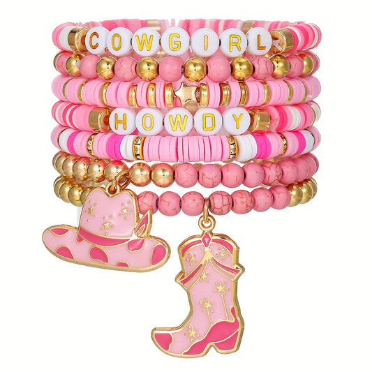 [7pcs Fashion Bracelet] 7pcs Pink Soft Clay Fashion Letter Western Cowgirl Multi-Layer Elastic Bracelet Set | Suitable for Women's Daily Wear or as a Gift for Girlfriend, Friends