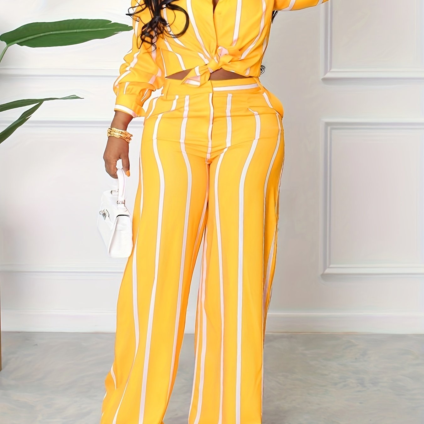 [Two-piece Set Long Sleeve Shirt] Striped Print Two-piece Set, Button Front Collar Long Sleeve Shirt & High Waist Wide Leg Loose Pants Set, Women's Clothing