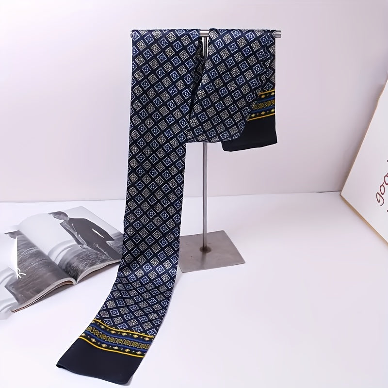 Luxurious Navy Blue Scarf for Men with Golden and Yellow Geometric Patterns - Elegant Business Style, Perfect for Casual Attire and Suit Matching