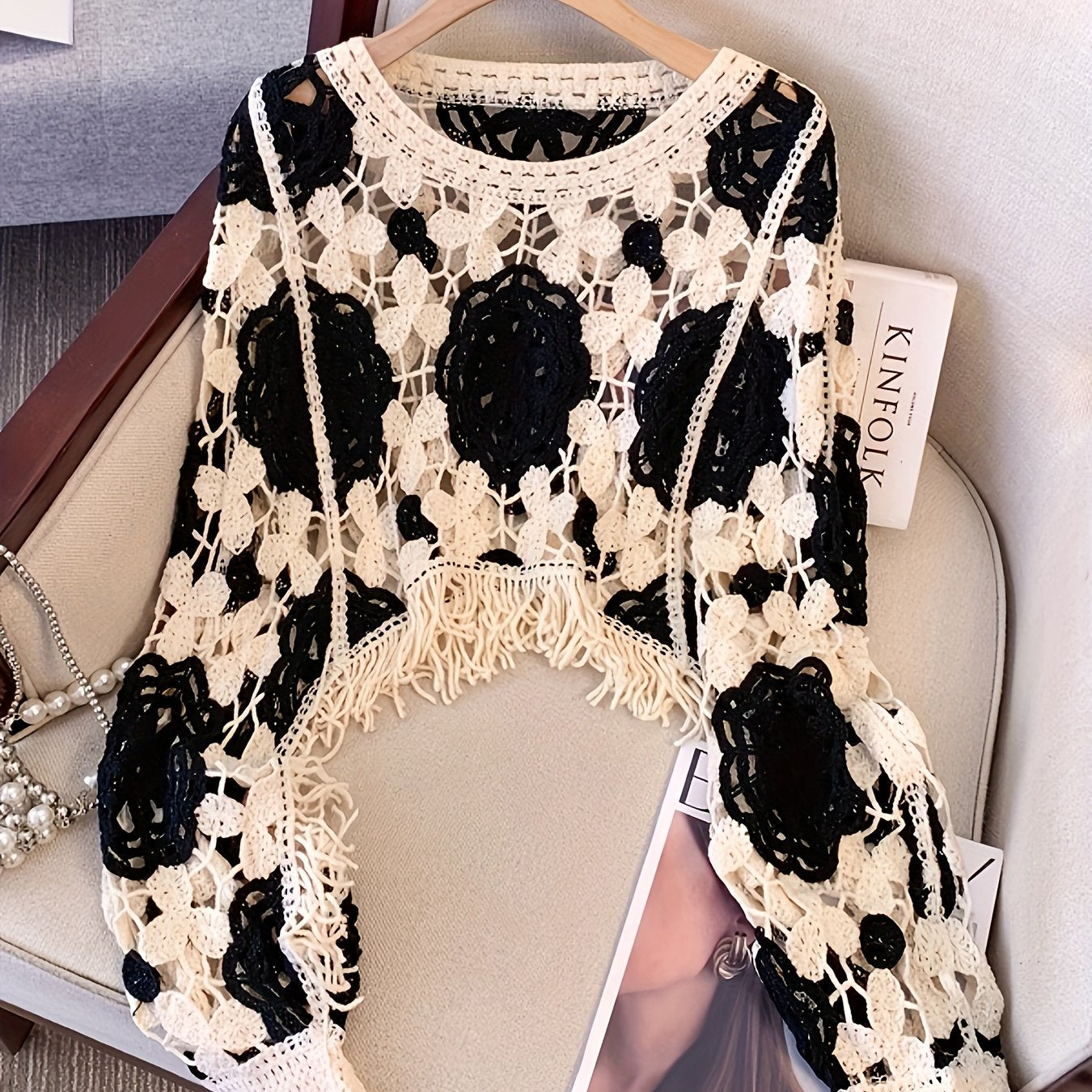 Boho Chic Cardigan Handmade Bohemian Crochet Cardigan Sweater for Women - Long Sleeve Semi-Sheer Cover-up with Ethnic Geometric Pattern in Beige/Brown, Loose Fit for Beach, Parties, Everyday - Boho Chic, Lace-like Layering