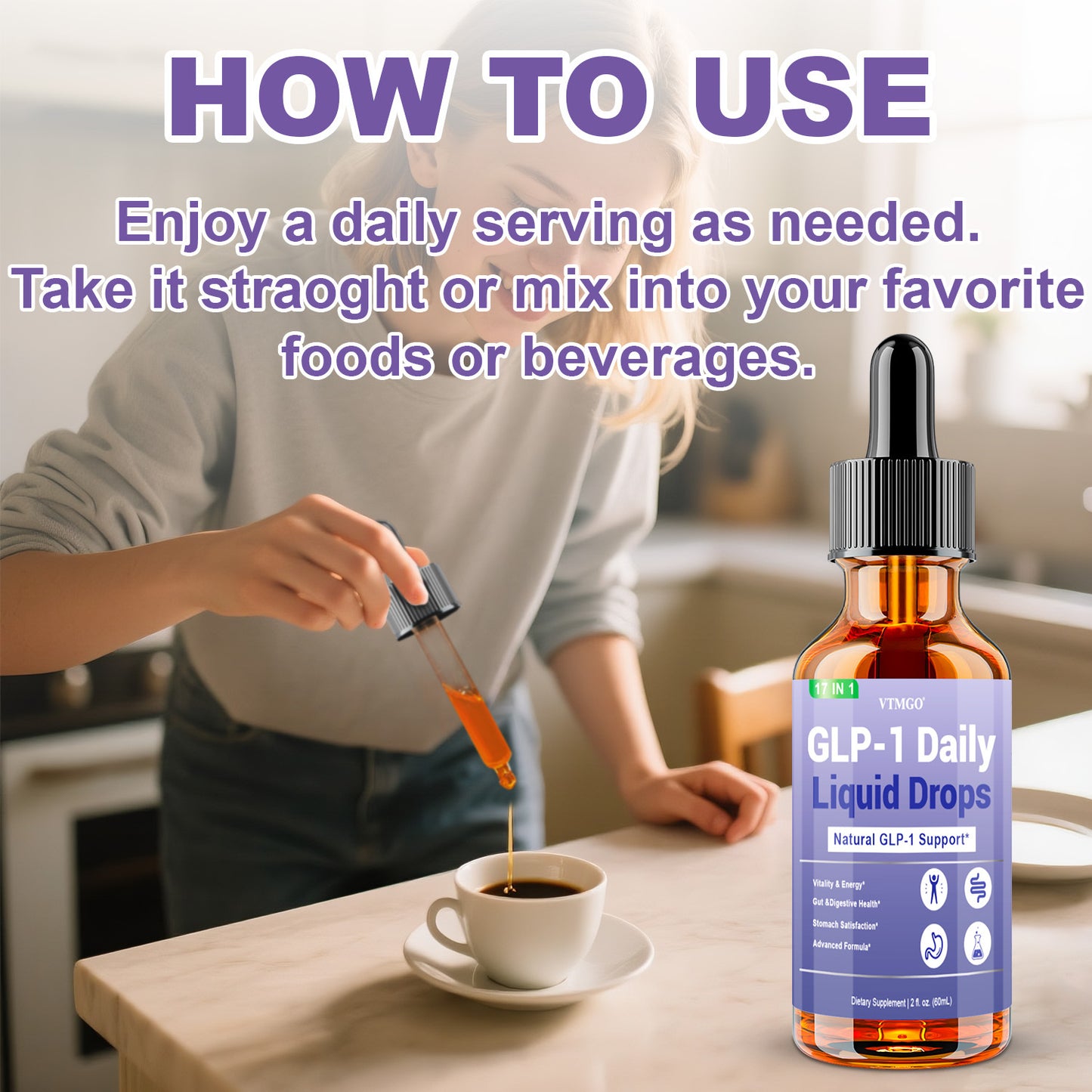 GLP-1 Daily Liquid Drops, GUT Health. Helps Appetite.B Vitamins, Ceylon Cinnamon, Probiotics, Ginger Root, Hops Flower, Green Tea, L-Methylfolate, Magnesium.Antioxidant, Balanced Diet, Suitable for Both Men and Women. Each Bo