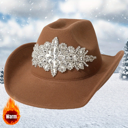 Women'S Luxurious Rhinestone-Embellished Brown Felt Cowboy Hat - Lightweight, Comfortable Jazz Fedora for Weddings, Parties, Western Events, Graduations, and Festivals, Western Event Accessory | Rhinestone Embellished Hat | L
