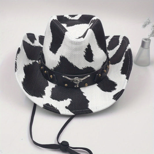 Unisex Cowboy Hat with Roll-Up Wide Brim - Black & White Cow Print Design, Adjustable Chin Strap, Lightweight Straw Material for Beach Vacation, Summer Outdoor Activities, Casual Headwear, Vacation Accessory, Stylish Headgear