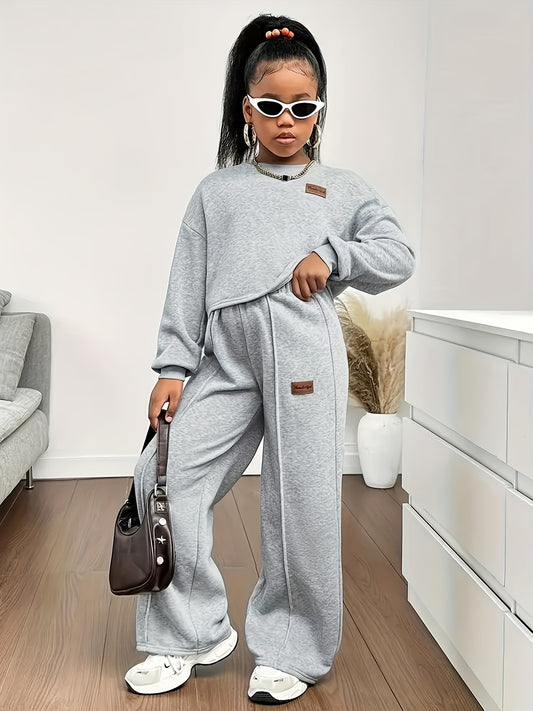 [Oversized] Girls' 2pcs Long Sleeve T-Shirt & Pants Set - Oversized Casual Outfit with Letter Print, Elastic Waist Pants, Round Neck Blouse, Machine Washable Spring/Fall Clothes for, Playdates & Casual Attire ( to), Perfect f