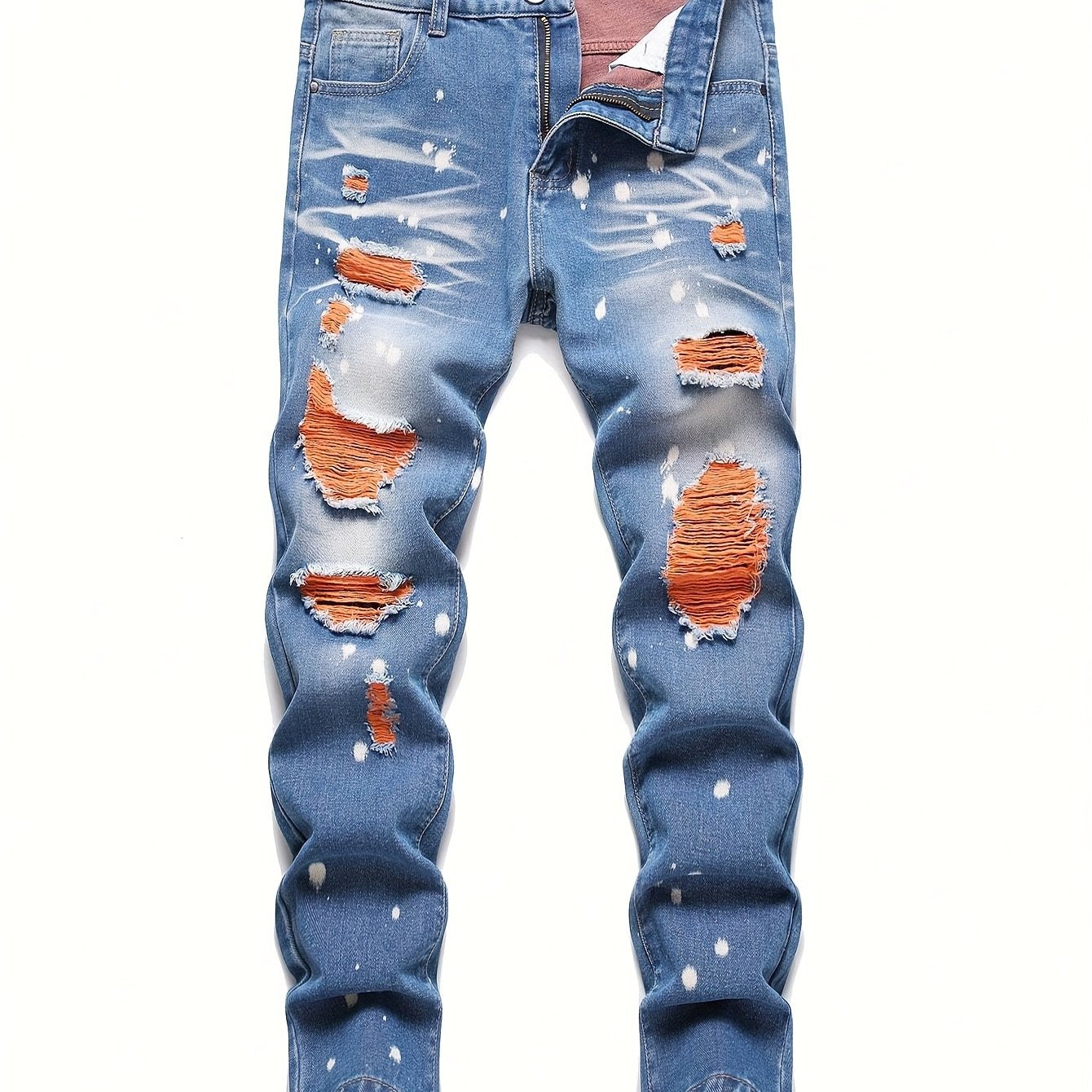 's & 's Youth Light Blue Distressed Denim Jeans - Heavy-Wash Light Blue with Orange Accents, Slim-Fit Straight Leg Pants with Frayed Hem & Belt Loop Closure, Machine Washable All-Season Casual Jeans for Teens & Young Adults (
