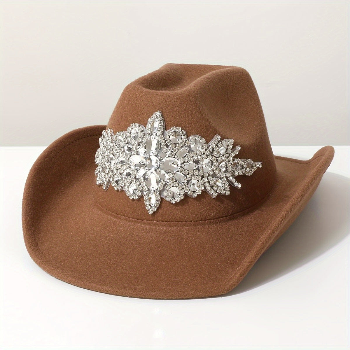 Women'S Luxurious Rhinestone-Embellished Brown Felt Cowboy Hat - Lightweight, Comfortable Jazz Fedora for Weddings, Parties, Western Events, Graduations, and Festivals, Western Event Accessory | Rhinestone Embellished Hat | L