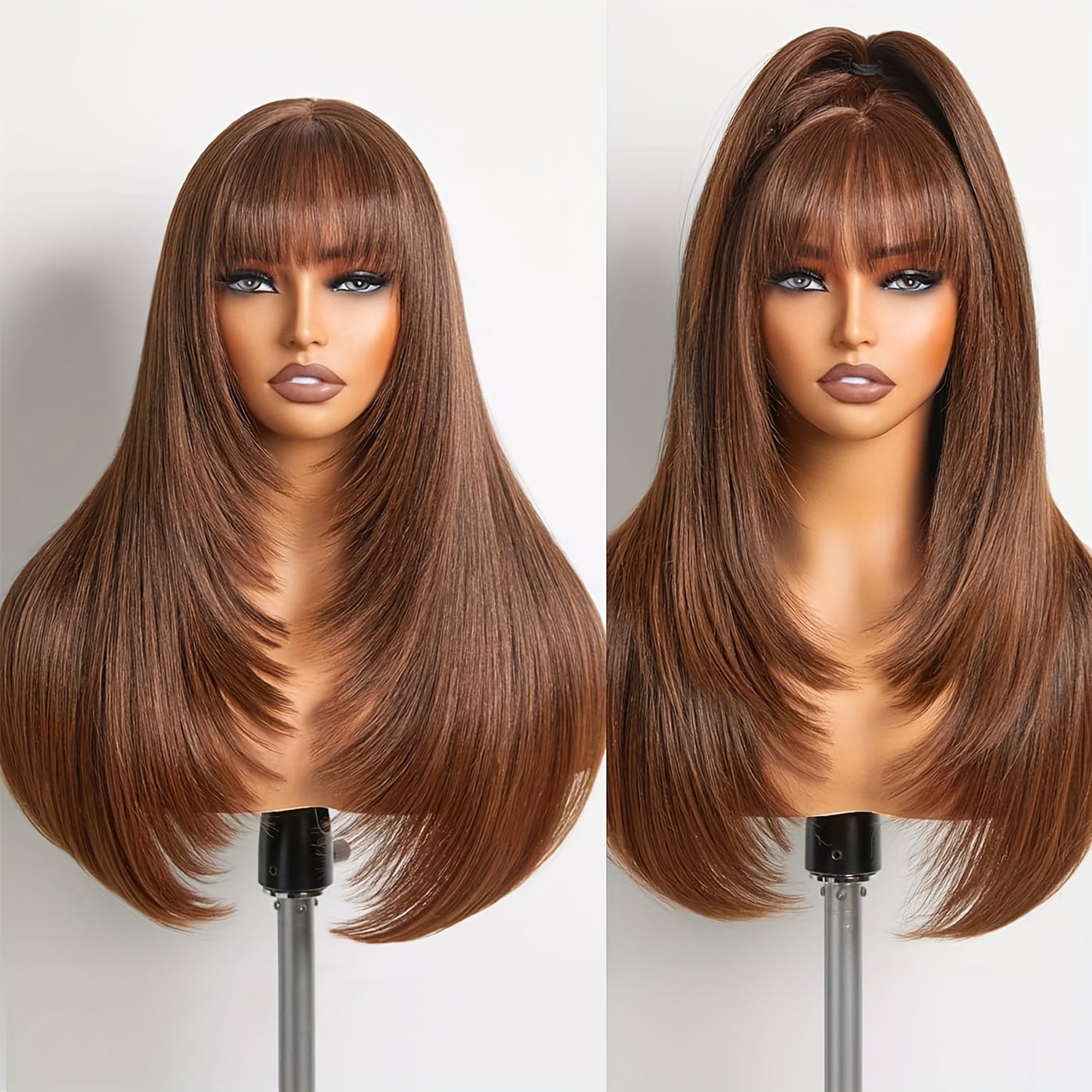 Long Straight Layered Wig with Bangs Glueless Natural Black Synthetic Bangs Wig 26 Inch Put On and Go Wigs High Temperature Fiber Pixie Cut Layered Wig for Women Daily Use