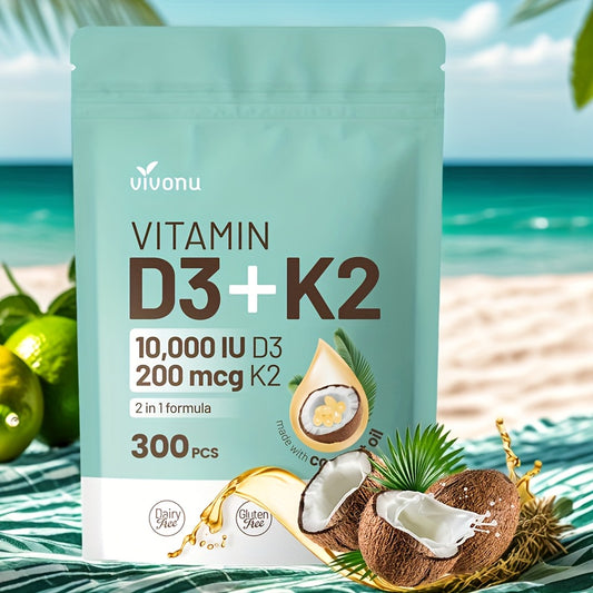 Vitamin D3 + K2 Coconut Oil Softgels - 2-in-1 Vitamin D & K Complex for Calcium Absorption, 300 Softgels, Easy to Swallow, Premium Formula with Coconut Oil & Vitamin D3, Supports Bone Health, Muscle & Joint, Natural Ingredien