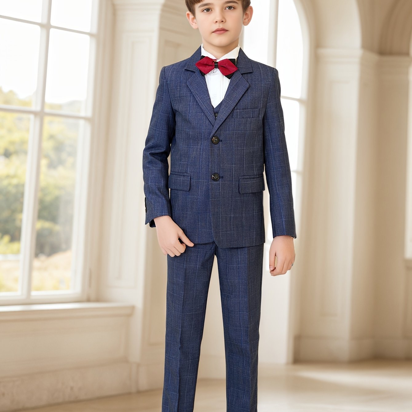 Boys Dark Blue Plaid Suit 3pcs Set | Kids Formal Blazer + Vest + Dress Pants | Wedding, Christmas, Easter Party Outfit | Sizes 6-16 | Premium Kids Tuxedo for School Photos & Special Occasions