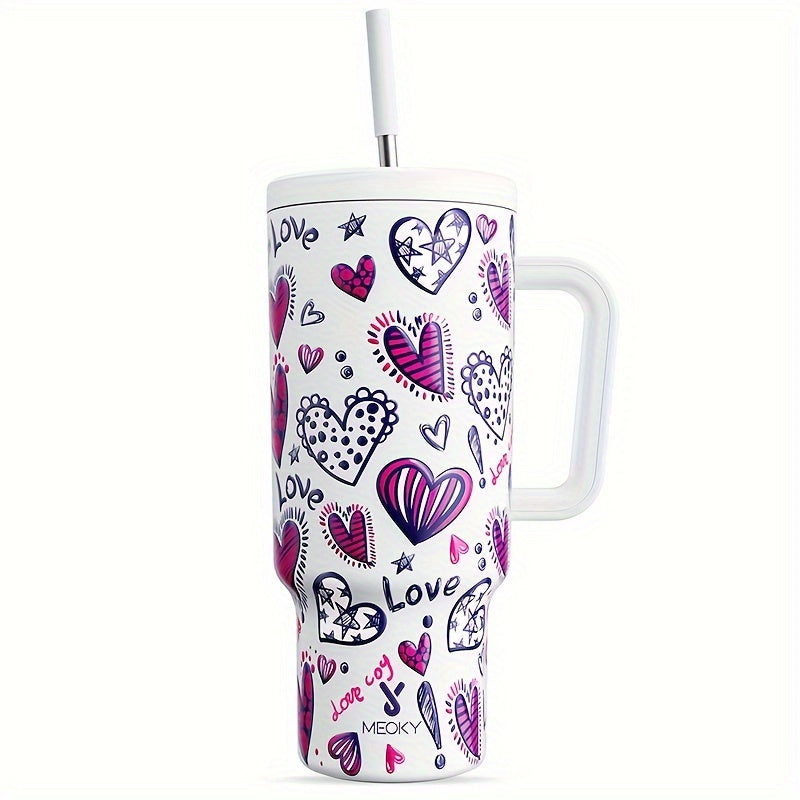 Meoky 1pc, Tumbler With Lid And Straw, 40oz Stainless Steel Insulated Water Bottle With Handle, Gift Drinking Cups, Keeps Cold For 34 Hours Or Hot For 10 Hours, Portable Suitable For Outdoor Camping, Hiking, Driving, And Car