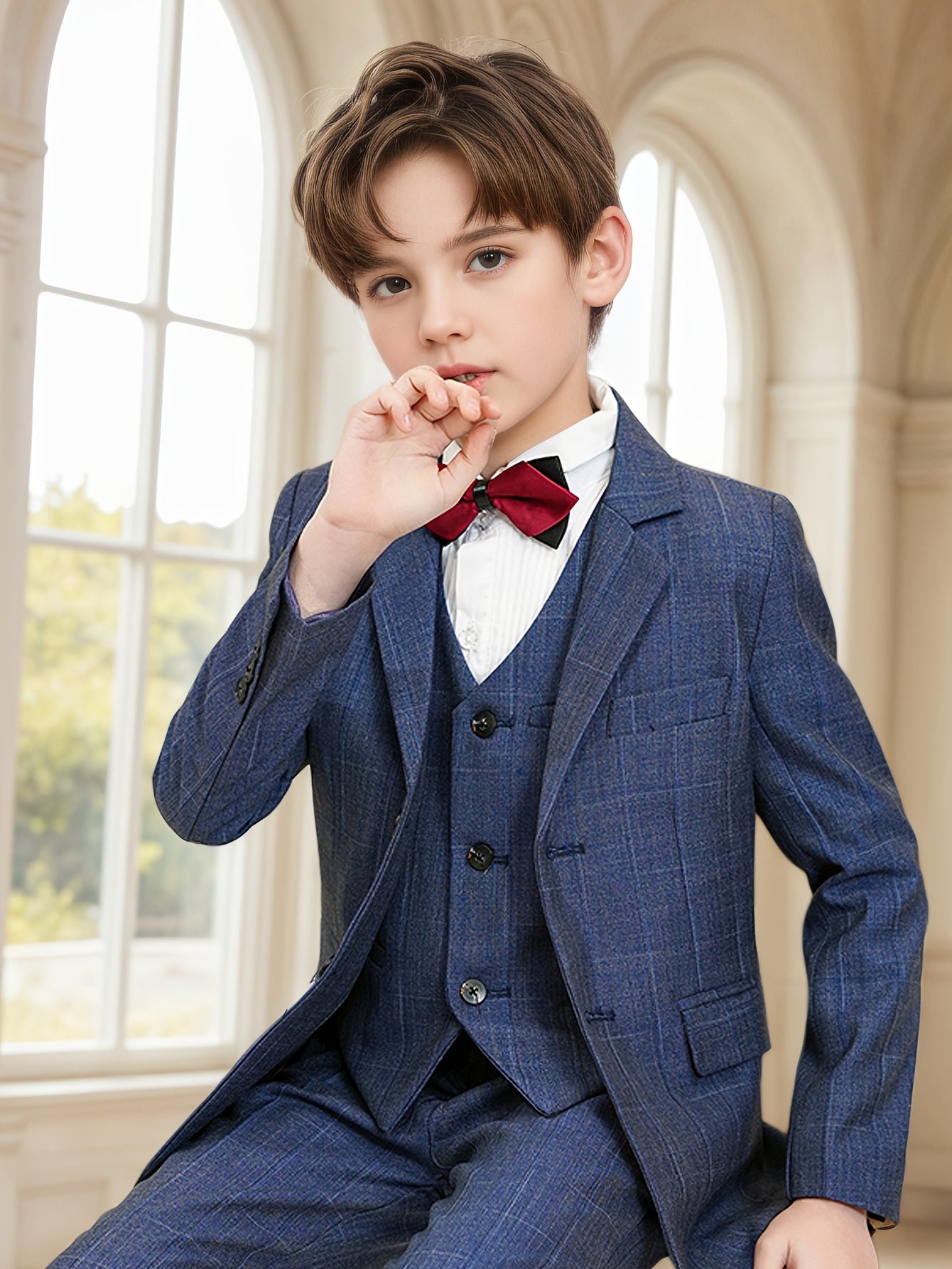 Boys Dark Blue Plaid Suit 3pcs Set | Kids Formal Blazer + Vest + Dress Pants | Wedding, Christmas, Easter Party Outfit | Sizes 6-16 | Premium Kids Tuxedo for School Photos & Special Occasions