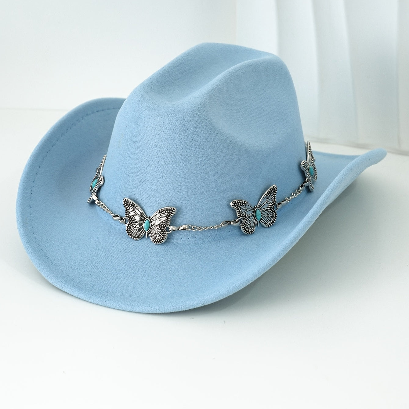 [Western Cowgirl Hat] 1pc Western Cowgirl Hat | Lightweight, Polyester, Woven, Fedora Style with Silvery Metal Butterfly, Ideal for Western Themed Events & Grassland Music Festivals