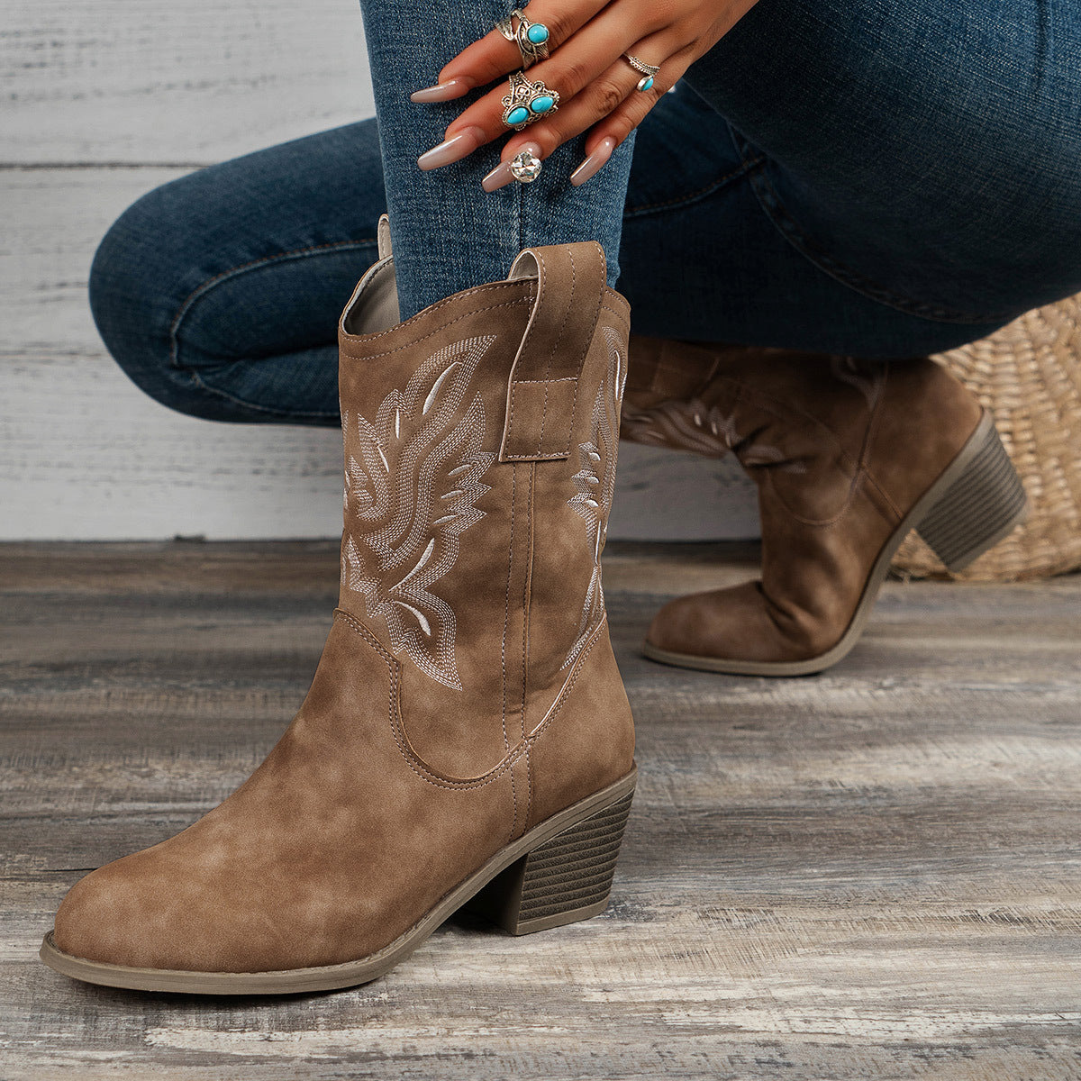 MagiMoBo Women's Western Slip-On Mid-Calf Boots - Pointed Toe Chunky Heel with Floral Embroidery, Synthetic Cover & Rubber Sole, All-Season Casual Boots for Jeans & Dresses, Stylish Footwear, Embellished Footwear, Detailed Em