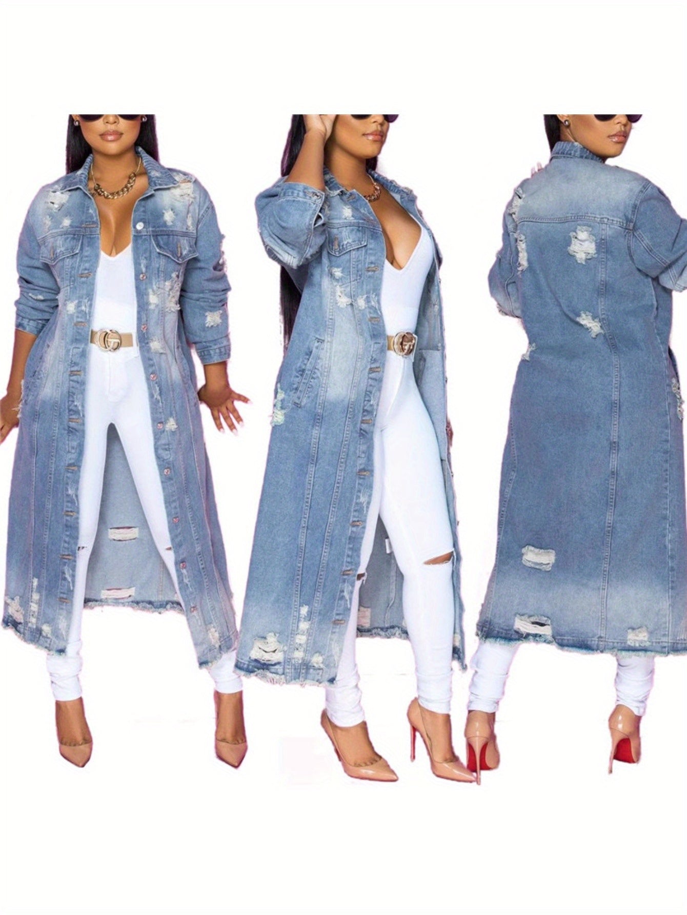 Women's Vintage Distressed Denim Jacket with Lapel Collar & Ripped Hem - Light Wash Blue Mid-Length Coat, Structured Fit, Machine Washable, Spring/Fall/Summer Casual Outerwear, Light Blue Washed Denim Coat with Button Front C