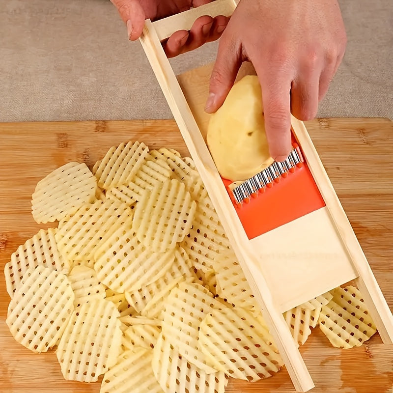 Heavy-Duty Manual Potato Slicer with Recycled Wooden Handle - Heavy Duty Wavy Cutter for perfect French Fries, Potato Chips, Veggie Platters - No Electricity Needed, Easy-Clean Design - Kitchen Gadget for Home & Commercial Us