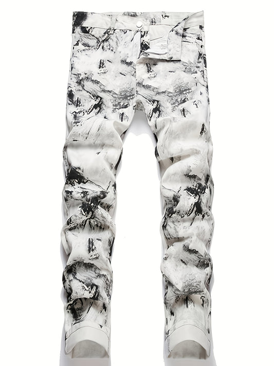 [HME] Men'S Fashionable Casual Faux Denim, Mid-waist Stretch Slim Straight Leg, Ink-wash Printed Pattern, Stretch Fabric Suitable For Machine Washing, Built-in YKK Zipper Closure, Essential For Trendy Street Casual Wear Men'S