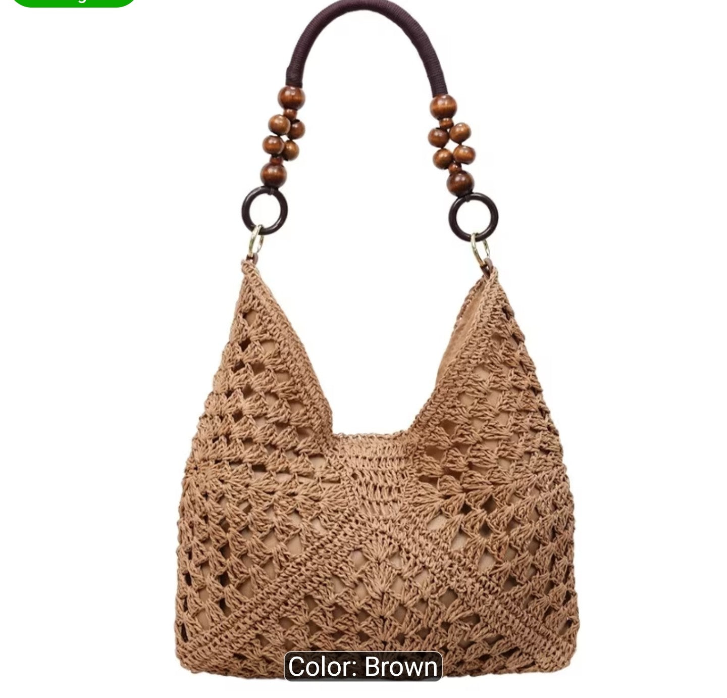 Boho Crochet Shoulder Bag w/wooden bead handle-Brown