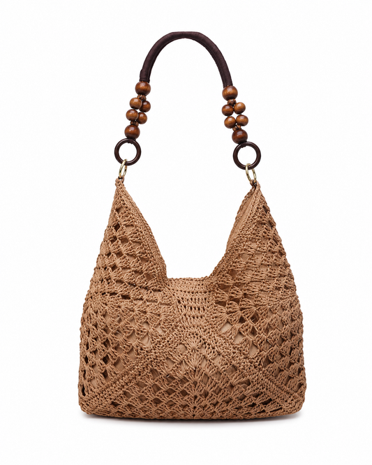 Boho Crochet Shoulder Bag w/wooden bead handle-Brown
