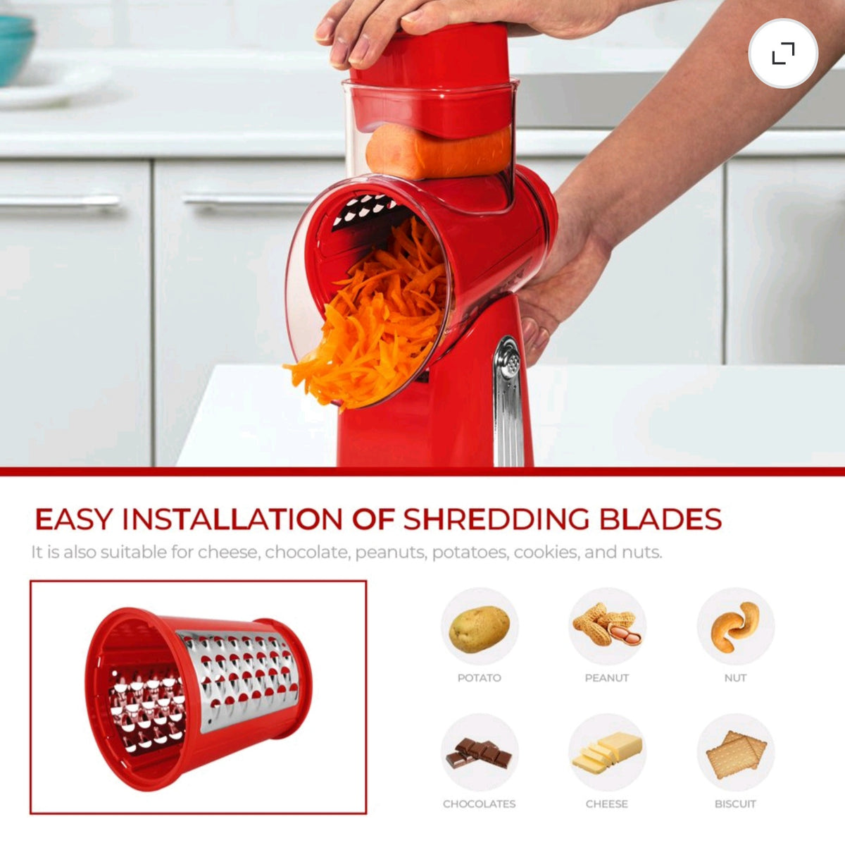 Susteas Rotary Cheese Grater – Manual Cheese Shredder with Suction Base & Interchangeable Blades