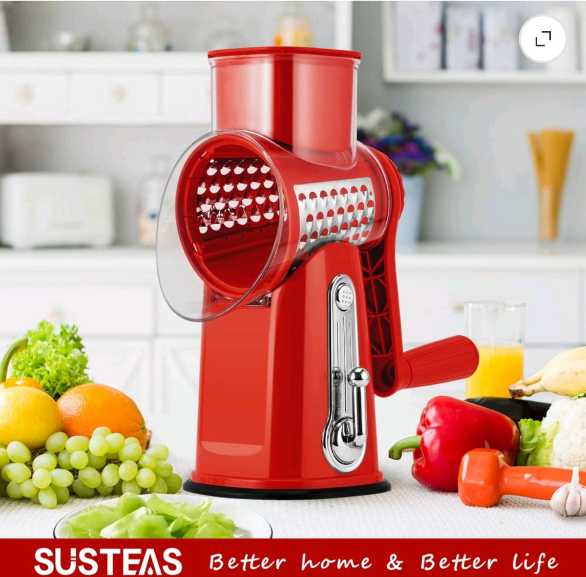 Susteas Rotary Cheese Grater – Manual Cheese Shredder with Suction Base & Interchangeable Blades