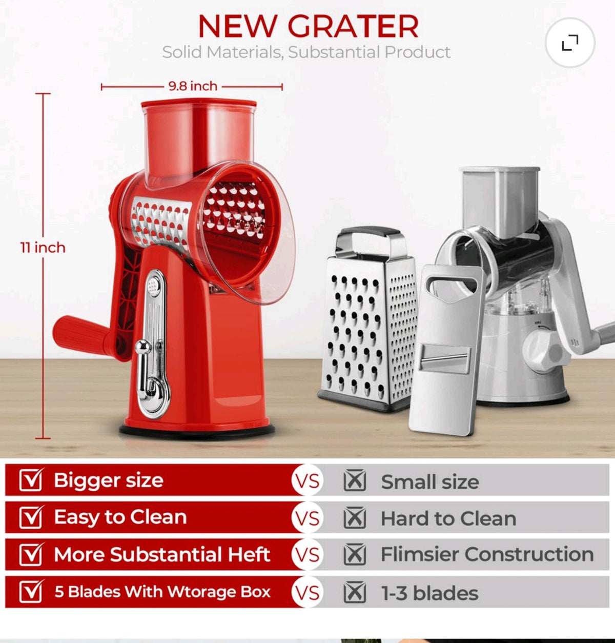 Susteas Rotary Cheese Grater – Manual Cheese Shredder with Suction Base & Interchangeable Blades