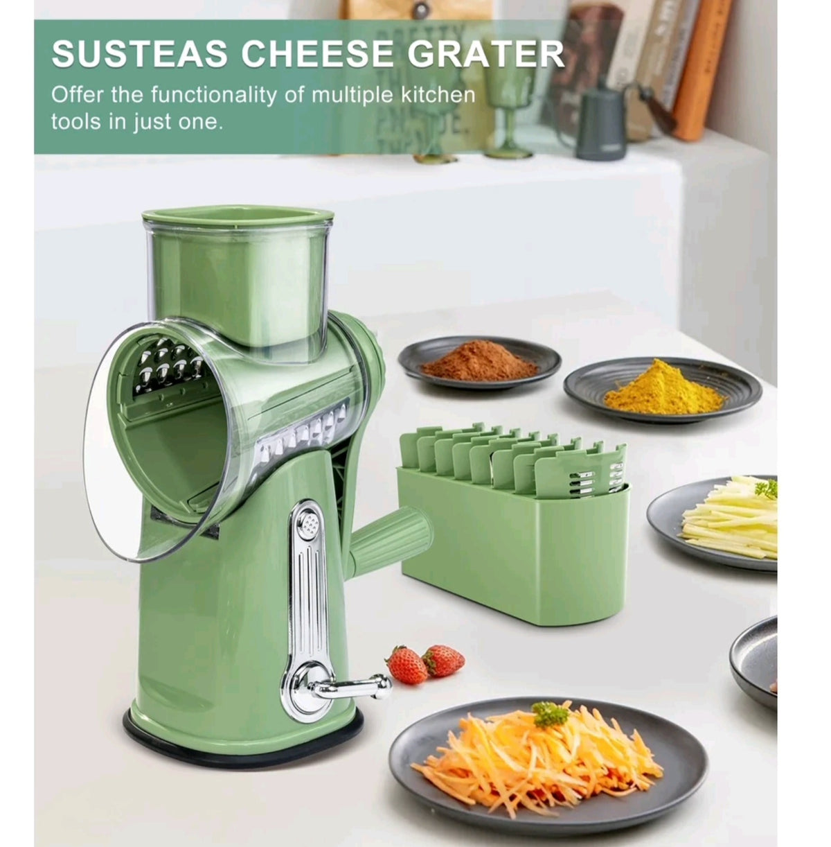 Susteas Rotary Cheese Grater – Manual Cheese Shredder with Suction Base & Interchangeable Blades