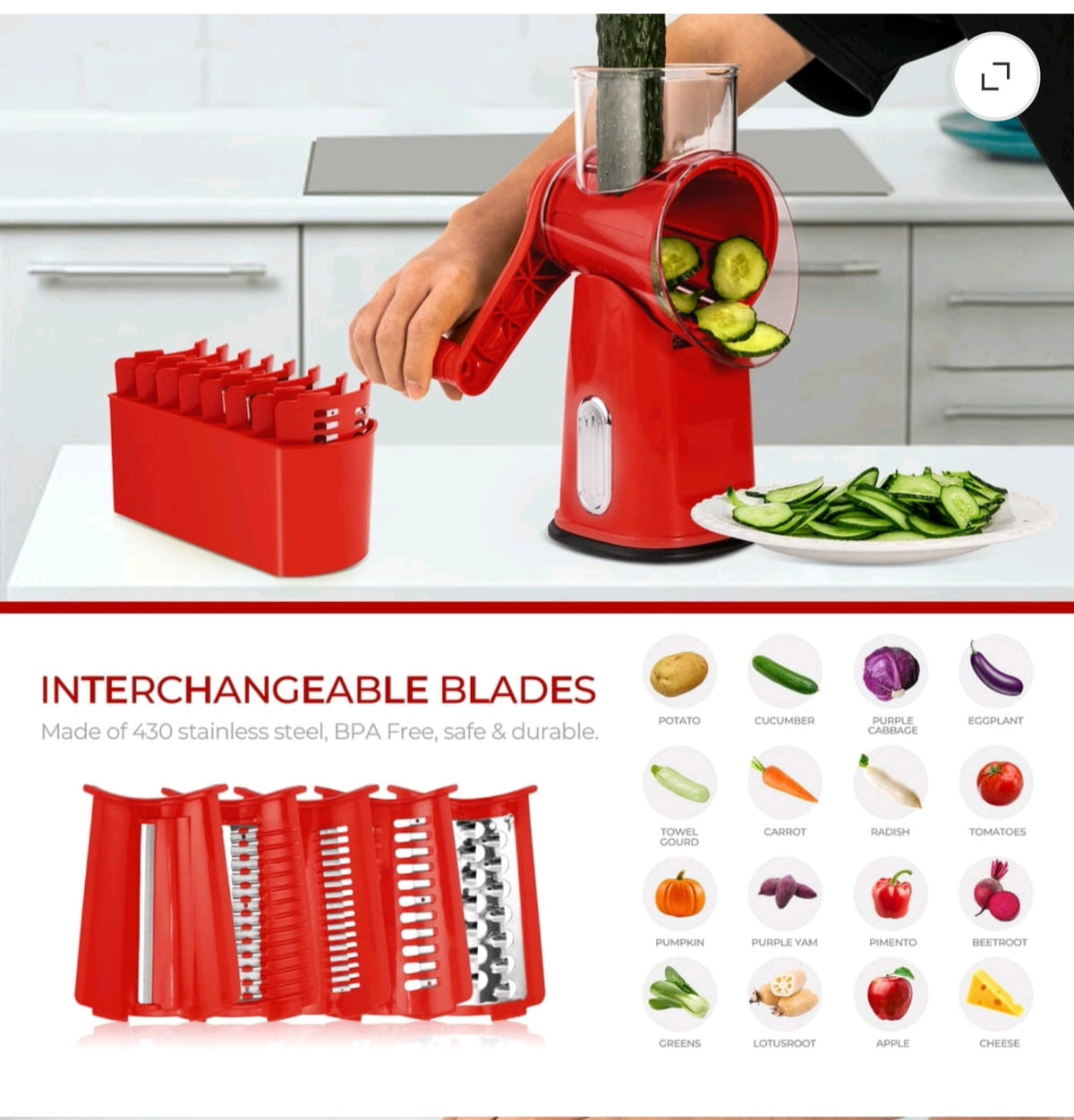 Susteas Rotary Cheese Grater – Manual Cheese Shredder with Suction Base & Interchangeable Blades