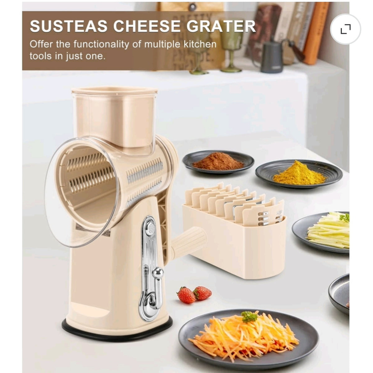 Susteas Rotary Cheese Grater – Manual Cheese Shredder with Suction Base & Interchangeable Blades