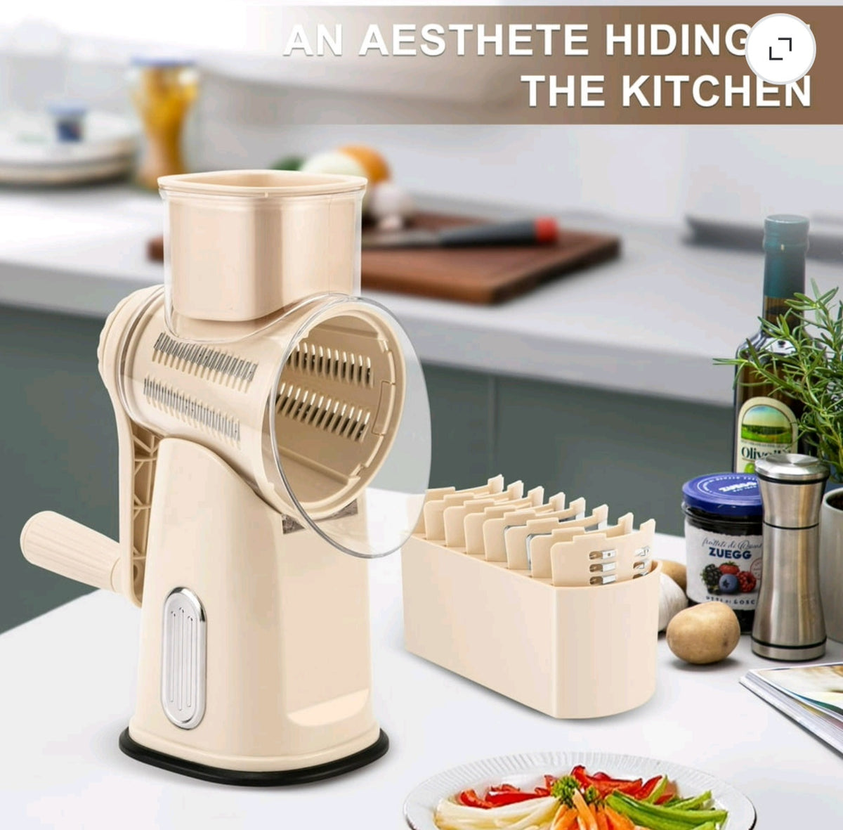 Susteas Rotary Cheese Grater – Manual Cheese Shredder with Suction Base & Interchangeable Blades