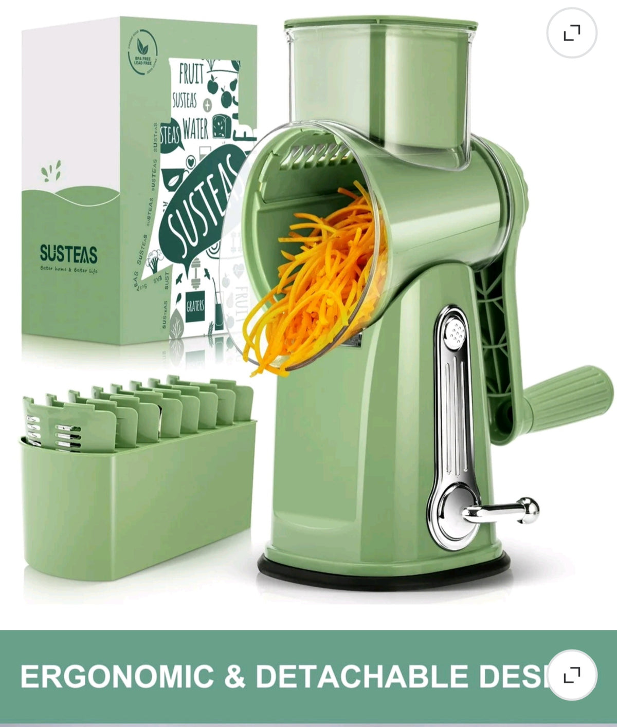 Susteas Rotary Cheese Grater – Manual Cheese Shredder with Suction Base & Interchangeable Blades