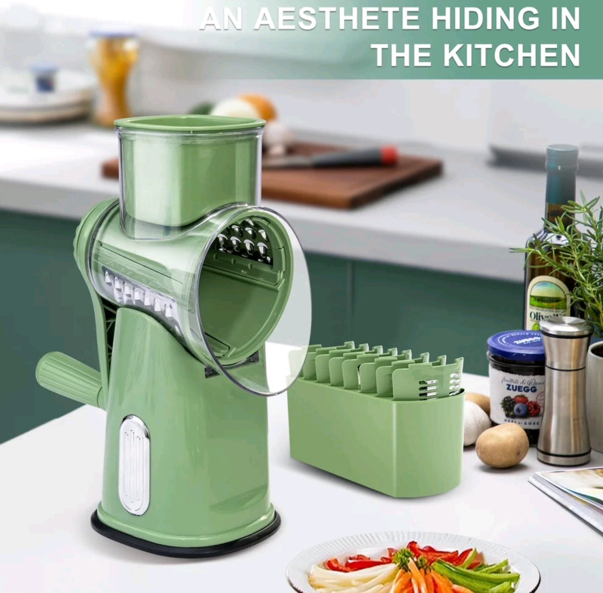 Susteas Rotary Cheese Grater – Manual Cheese Shredder with Suction Base & Interchangeable Blades